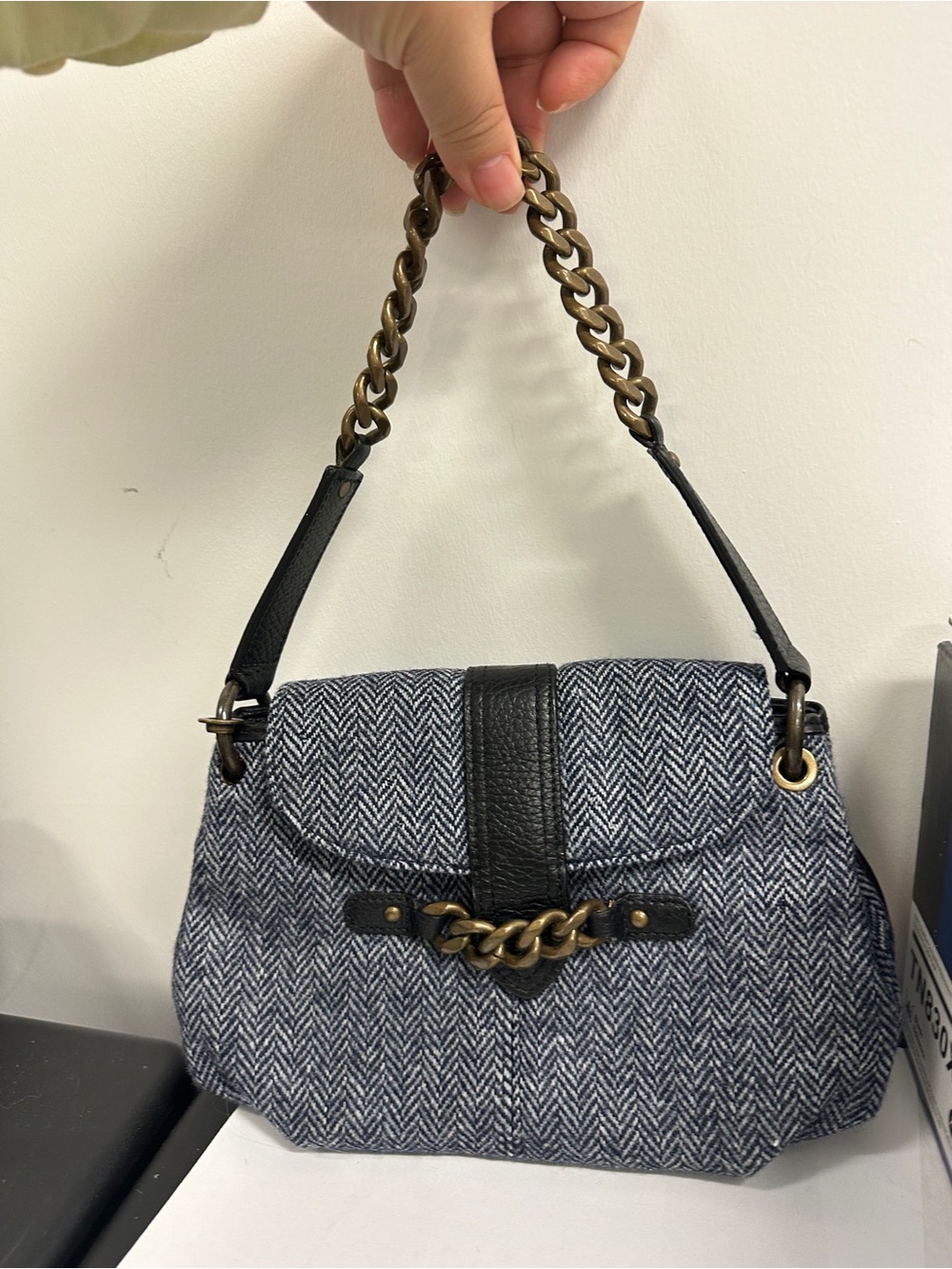JCrew Blue Wool Bag Leather and Chain Accents 9" X 6" NWT